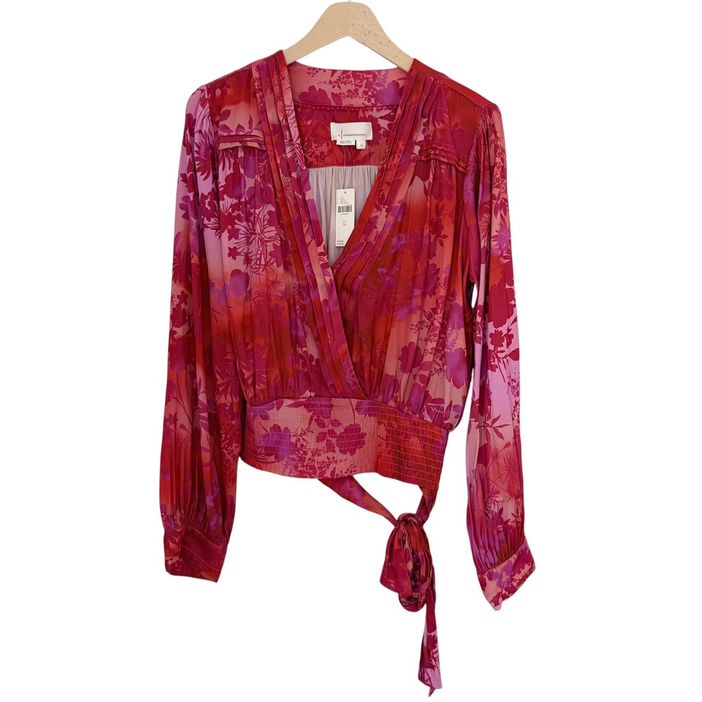 NWT Anthropologie Satin Floral Smocked Wrap Blouse Pink Red Size XL